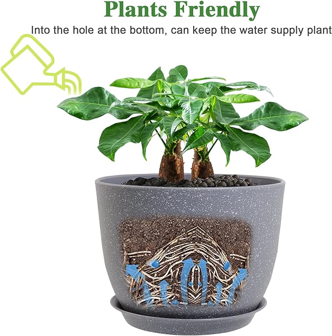 12inch Large Plant Pot, Modern Plastic Planter with High Driange Holes and Saucer for Indoor Outdoor Garden Plants and Flowers, Grey Speckles