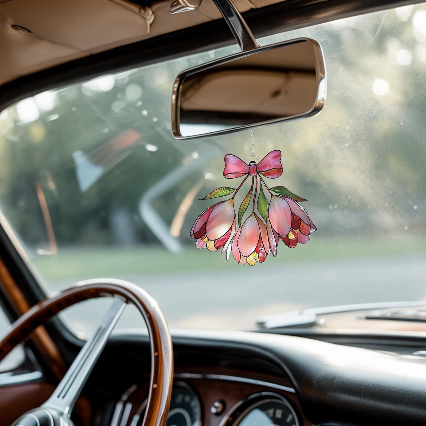 Pink Bell Flower Acrylic Suncatcher Stained Glass Effect Window Car Hanging Christmas Ornament Indoor Outdoor Decor Garden Sun Catcher Panel Gifts for Flower Lover for Women Mom Grandma