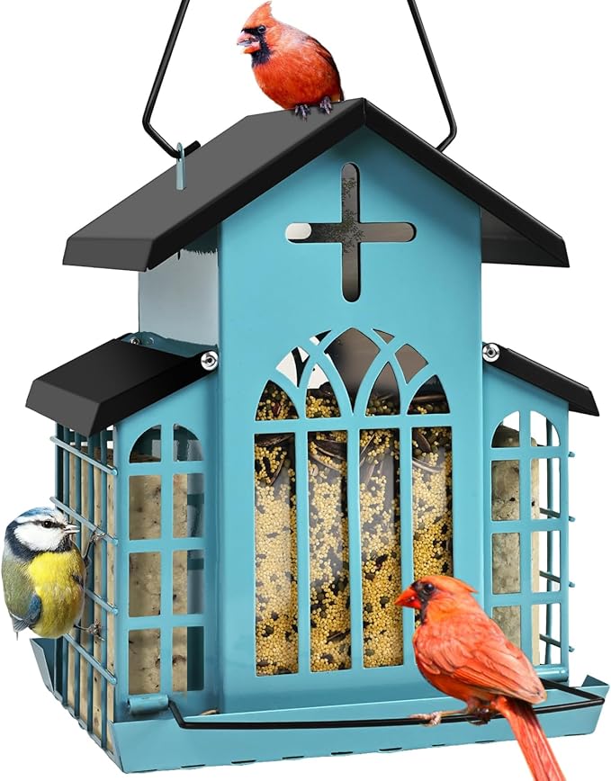 Church Metal Hanging Bird Feeder for Outdoors, Weatherproof Suet Feeders for Outside Hanging, Large Bird Feeders Great for Attracting Finch, Woodpecker and More Wild Birds-5LB