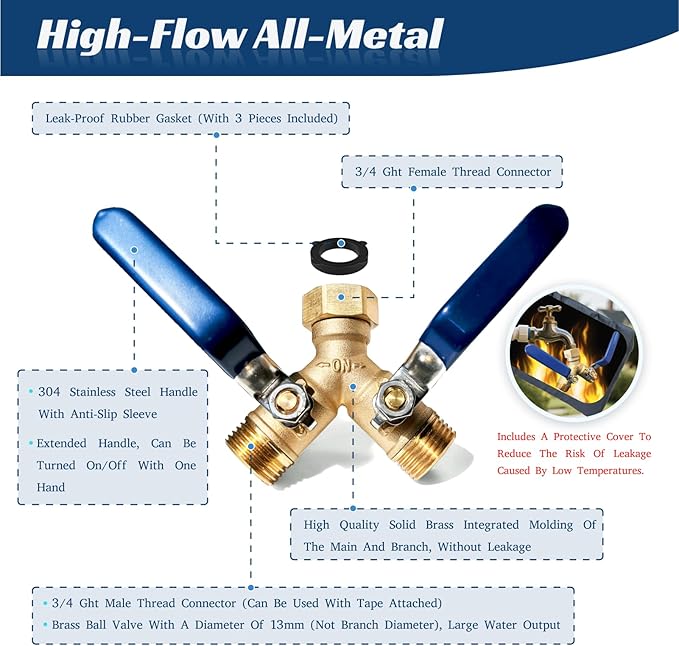 Garden Hose Splitter 2 Way Heavy Duty Brass Hose Splitter With 304 Stainless Steel Long Handle & Winter Faucet Protector, 3/4" Y Valve Thread High Flow Outdoor Faucet Splitter