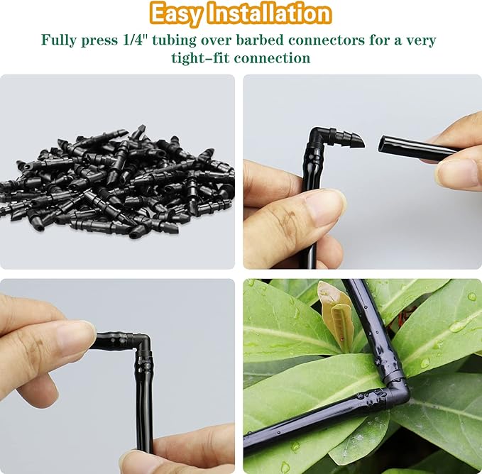 1/4 Inch Drip Irrigation Fittings Kit:140 Pieces Drip Irrigation Parts with Sharp End for 1/4" Irrigation Tubing Barbed Connectors for Home Garden 60 Couplings 50 Tees 20 Elbows 10 Goof Plugs