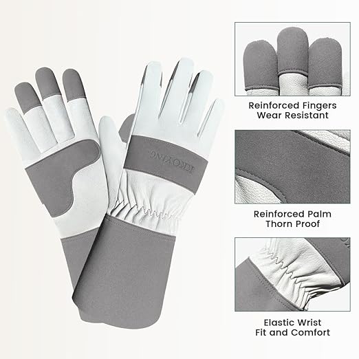 Gardening Gloves, Long Thorn Proof Garden Gloves for Women and Men, Goatskin Breathable Leather Work Gloves for Gardening, Pruning, Yard Work, Grey, S
