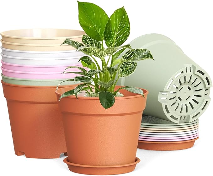 10 Pack 6 Inch Plant Pots with Drainage and Saucers, Plastic Flower Pots for Indoor and Outdoor Plants, Stackable Nursery Planters for Houseplants and Herbs, Colorful