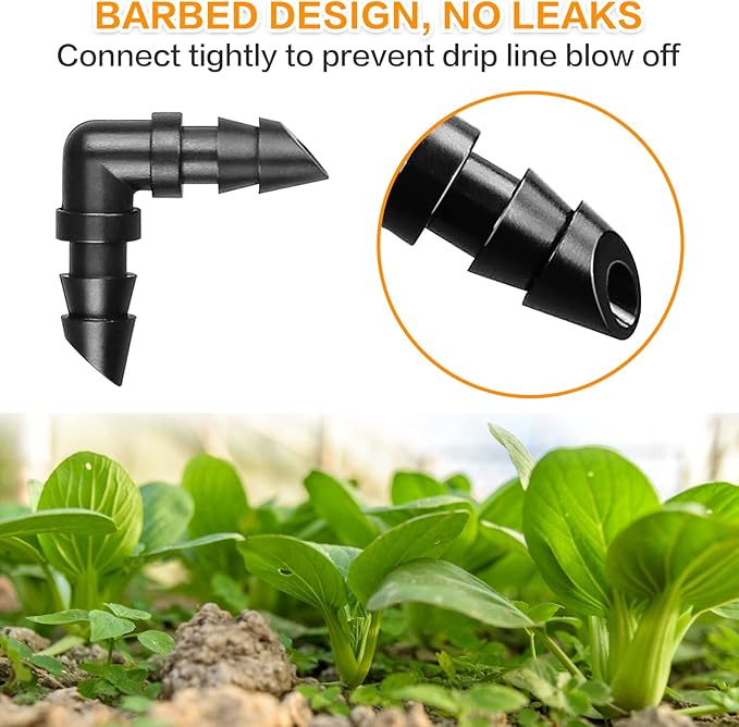 Drip Irrigation Elbow Fittings:50 Pieces Barbed Elbow Irrigation Parts with Sharp End Fits for 1/4 Inch Irrigation Tubing Drip Line Elbow Connectors for Garden Lawn Irrigation System