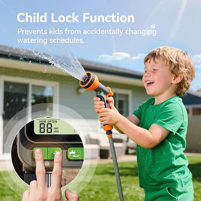 Sprinkler Timer, Programmable Water Timer for Garden Hose, Outdoor Hose Faucet Timed with 4 Plans/Rain Delay/Automatic Watering System, Digital Irrigation for Yard, Lawn, 1 Outlet with 2-Way Splitter