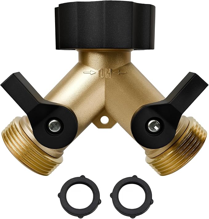 Garden Hose Splitter 2 Way, Y Connector Brass Garden Hose Adapter, Valve Hose Splitter with 2 Extra Rubber Washers, Heavy Duty Connector Tap Splitter, Hose Spigot & Accessories