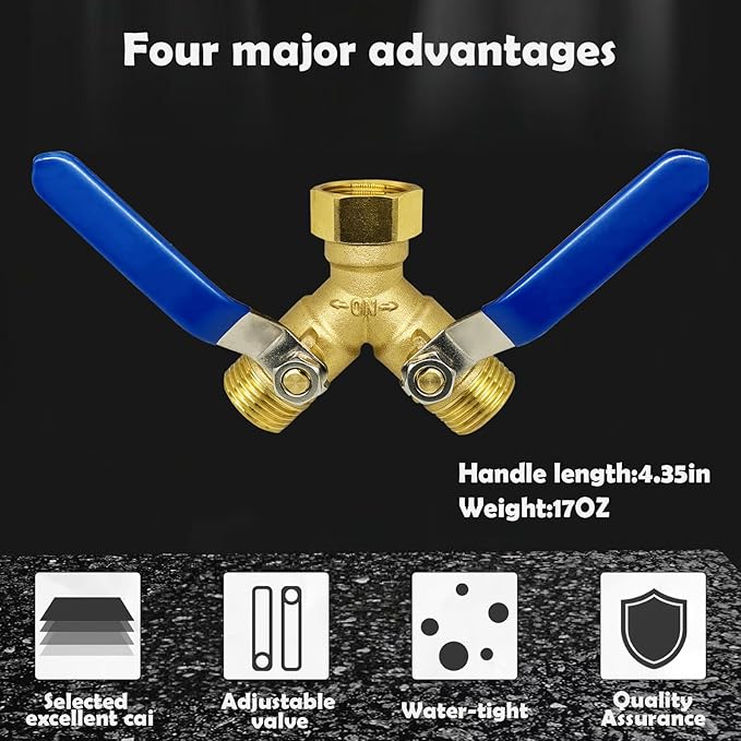 Brass Garden Hose Splitter 2 Way Heavy Duty,with 304 Stainless Steel Long Handle,Brass Y Valve Water Garden Hose Adapter 2 Way Y Valve 3/4" GHT Thread