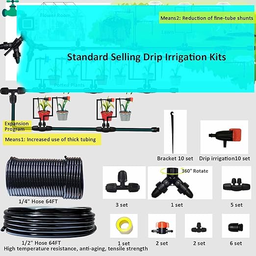 Drip Irrigation System Drip Irrigation Kit 64ft 5/16โID Inche 64FT 1/4 Inch OD Pipe Kits Solutions for Large Gardens with Low Water Pressure Away from The Water Source