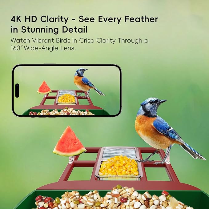 Smart Bird Feeder with Camera, Solar Panel & 5200mAh Battery, 4K HD Video, AI Identification, Instant Arrival Alerts & Alarm, IP65 Weatherproof, 32GB Card, 2L Capacity, Bird Lover’s Smart Companion