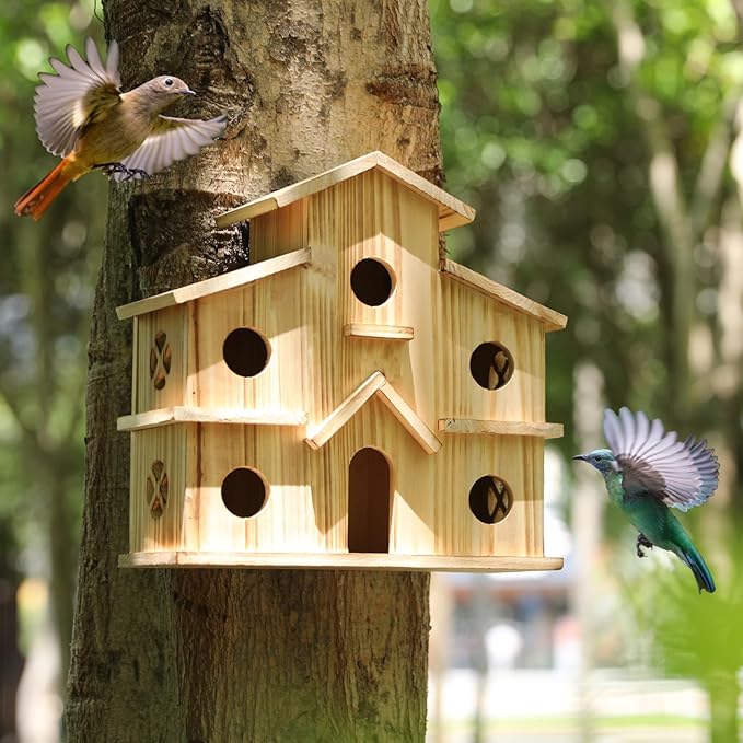 Bird Houses for Outside,Outdoor 6 Hole Bird House -Hummingbird House-Large Bird House for Outside-Birdhouse kit (Wood, Set-1)