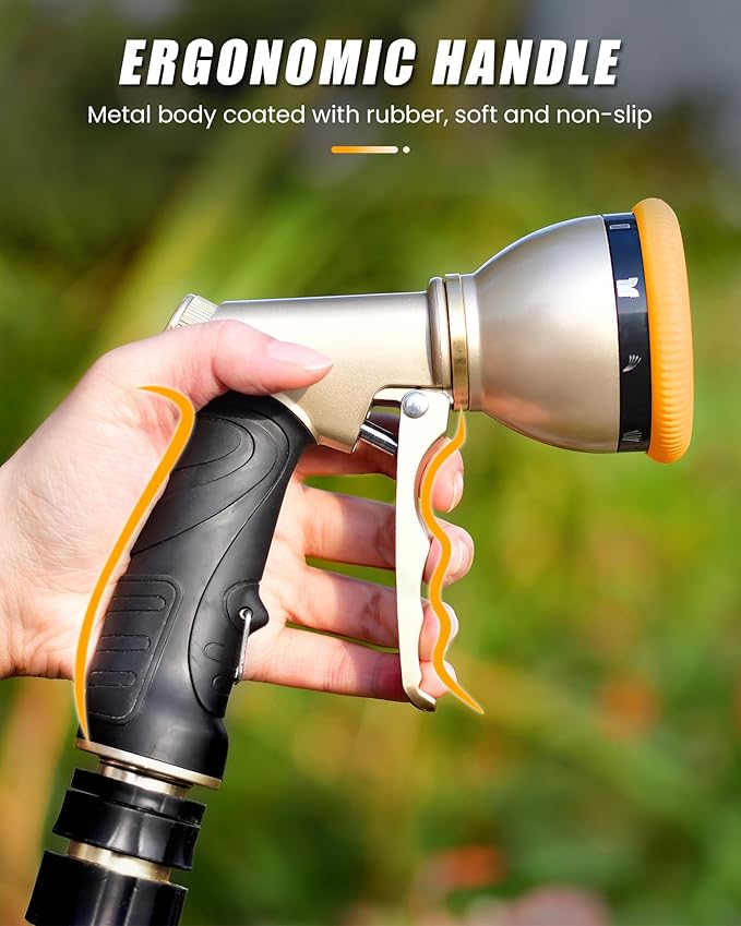 RAINPOINT Garden Hose Nozzle, Heavy Duty Metal Water Hose Sprayer Nozzle with 9 Adjustable Spray Patterns, High Pressure Hand Sprayer for Watering Plants, Lawns, Car and Pet Washing (2, Orange)
