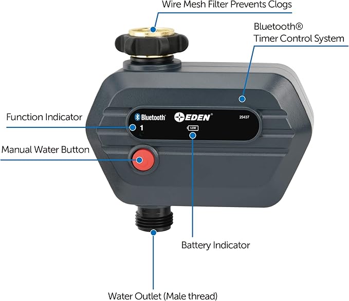 Eden 25441 1-Zone Bluetooth Water Timer for Smart Irrigation - Remote Control via App, Customizable Scheduling, and Water Delay Setting