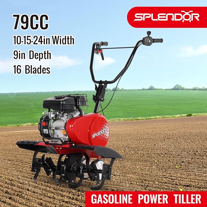 SPLENDOR 4-Cycle Gas Powered Tiller 79cc with Handle and Width Adjustable 24in