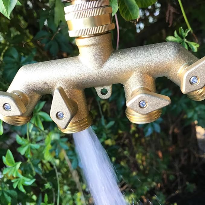 Hooshing Brass Garden Hose Splitter 4 Way 3/4" GHT Hose Connetor Spigot Adapter 4 Valves with Washers