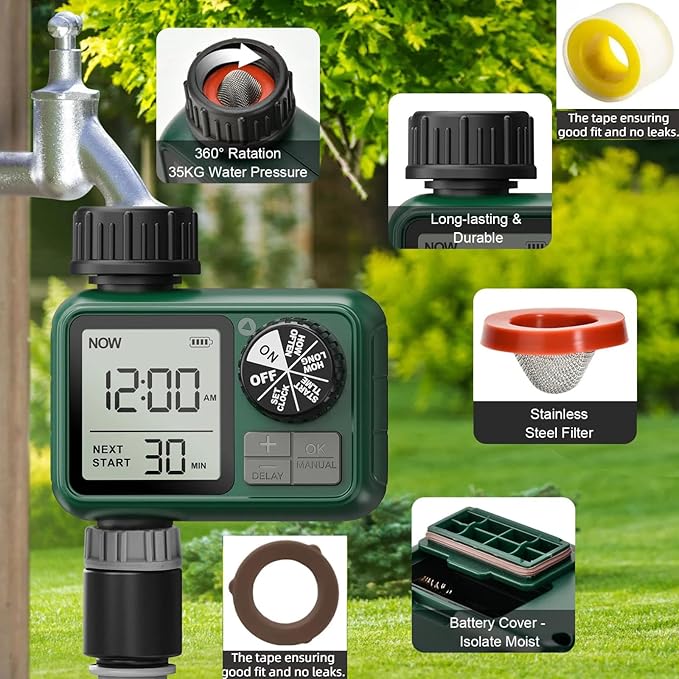 2 Pcs Sprinkler Timers, XinFuturse Water Timer, Programmable Garden Hose Timer with Rain Delay, Manual& Automatic Watering System, Waterproof Irrigation Controller Watering Lawn Evenly& Efficiently