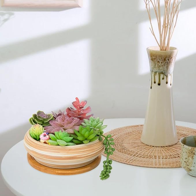 ARTKETTY Succulent Pots - Ceramic Bonsai Pots with Drainage Tray, 7.3 Inch Large Plant Pots Shallow Succulent Planters for Indoor Plants Decorative Cactus Flower Planter Bowl