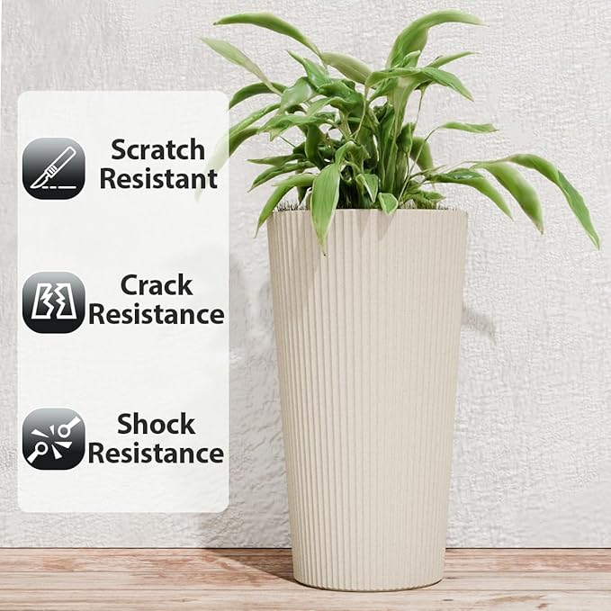 23.6" Tall Planters for Outdoor Plants,Large Outdoor Planters for Front Porch Decor with Drainage Hole, Flower Pots Fits Indoor Plants Patio/Garden, Plastic Striped Off-White (2 Pack)