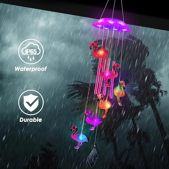Solar Flamingo Wind Chimes, Flamingo Gifts for Women/mom/her, Glowing Top Changing Colors LED Wind Chimes for Outside, Outdoor Decoration Light for Garden Yard(Pink)