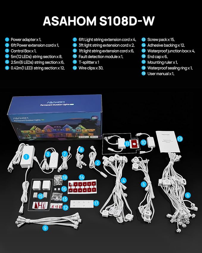 ASAHOM Permanent Outdoor Light Pro S108D, 200FT with 144 RGBCW LEDs, WLED Integration, AI Lighting, 30000 Lighting Effect Combination, IP67 Waterproof for Halloween Christmas Daily Decor, White