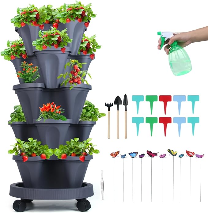 Vertical Planter, 5 Tier Stackable Strawberry Planter with Garden Tool Set, Movable Indoor/Outdoor Garden Herb Pot for Growing Vegetables and Succulents, Dark Gray