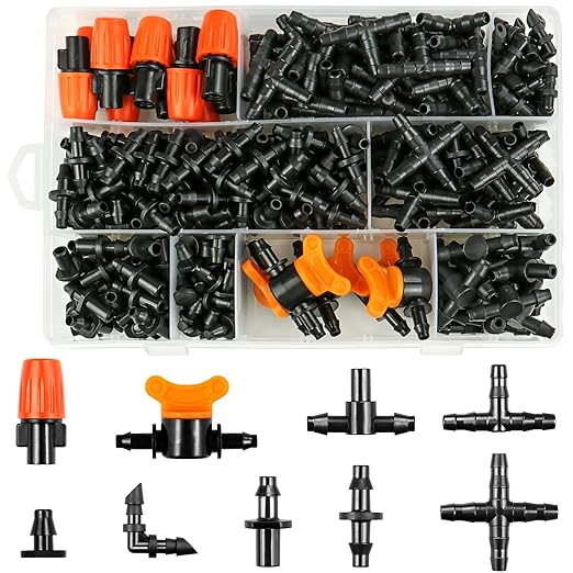 280 Pcs Drip Irrigation Fittings Kit for 1/4" Tubing:Gardrip 1/4 Inch Drip System Barbed Connectors (Nozzles, Nozzle Tees, Valves, Single Barbs, Couplings, Tees, Elbows, Plugs, Crosses)