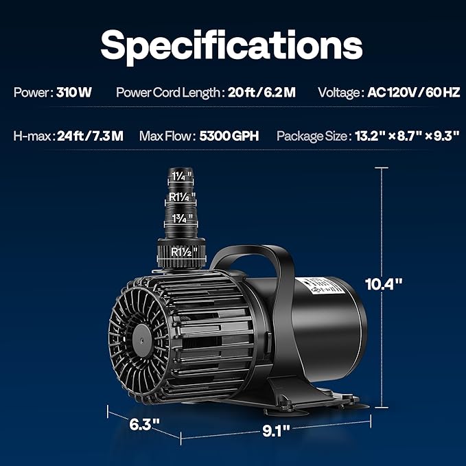 VIVOHOME Electric 310W 5300GPH Submersible Water Pump for Koi Pond Pool Waterfall Fountains Fish Tank and Aquarium