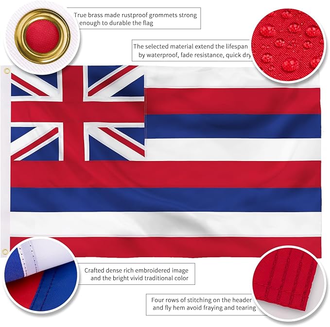XIFAN Premium Hawaii State Flag 3x5 ft Outdoor, Double Sided Heavy Duty 210D Nylon HI Flags, the Strongest Longest Lasting for Outside with Sewn Stripes/Brass Grommets