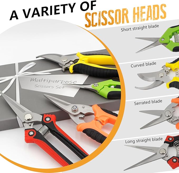 4 Pack Garden Pruning Shears Stainless Steel Clipper Kits, Handheld Garden Trimming Scissors with Sharp Blade Snips Scissors- Gardening Tools for Flowers Plant Branches (Curved & Straight Blade)