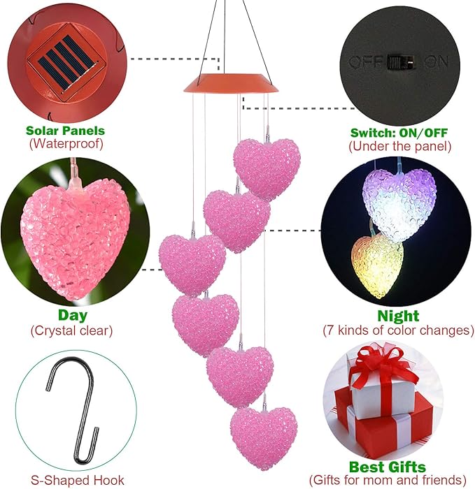ME9UE Solar Pink Heart Wind Chimes, Outdoor Waterproof Mobile Romantic LED Color-Changing Multi Solar Sensor Powered Wind Chimes Lights for Home, Yard, Night Garden, Party, Festival Decor