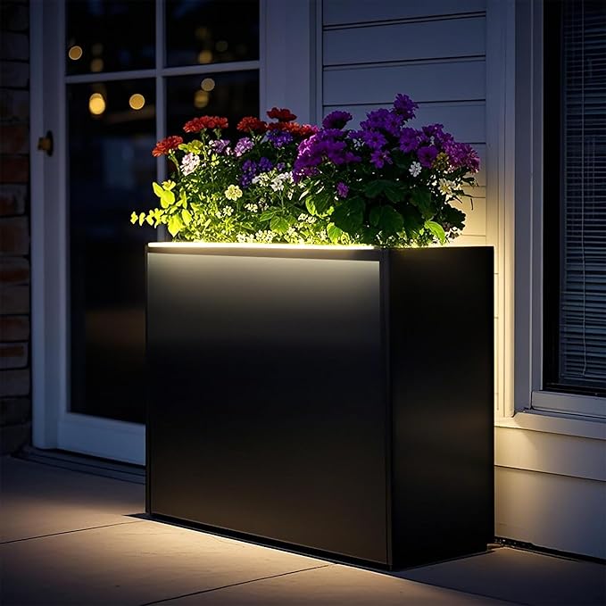GSK Black Metal Planter Box with LED Light 30"H×10"W×37.9"L Span Rectangular Flower Trough Lighting Up Indoor Rectangle Insert Drainage Holes Garden Plants Outdoor Separation Space Garden Patio Porch