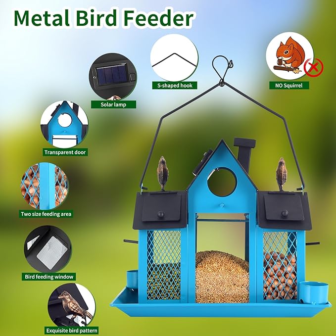 Solar Bird Feeders House for Outside Hanging, Metal Wild Bird Feeder for Outdoors, Large Cardinal Bird Feeder Birdhouses Squirrel Proof (Blue)