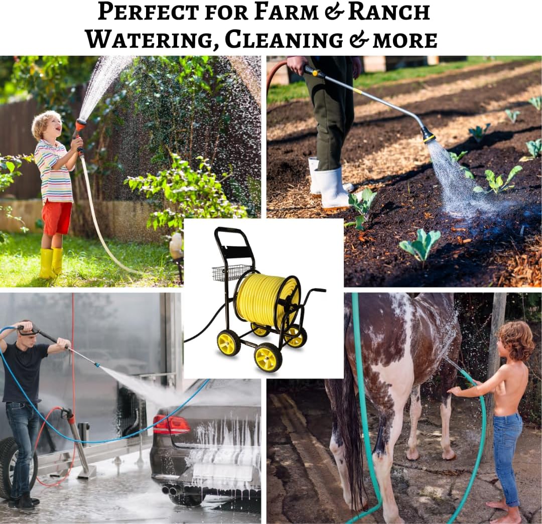 Heavy Duty Hose Reel Cart, Commercial Hose Reel with Wheels, Outdoor Water Hose Cart for Backyard, Farm & Ranch, or Contractor Use, Metal Hose Carts (4-Wheel, 400ft Capacity)
