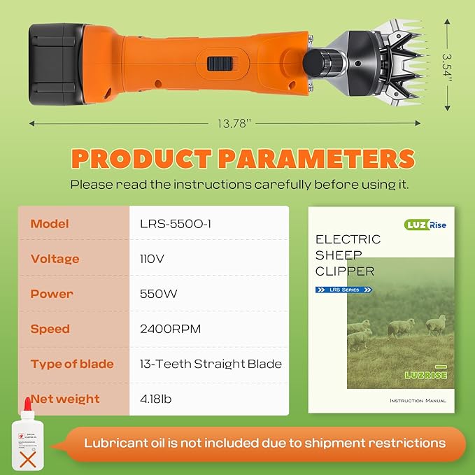 Sheep Shears Cordless 550W 2400RPM Rechargeable Sheep Clipper Professional Animal Clipper, 6-Speed Adjustable with 2X 4000mAh 21V Lithium Batteries for Sheep, Goat, Cattle, Livestock (110V, Orange)