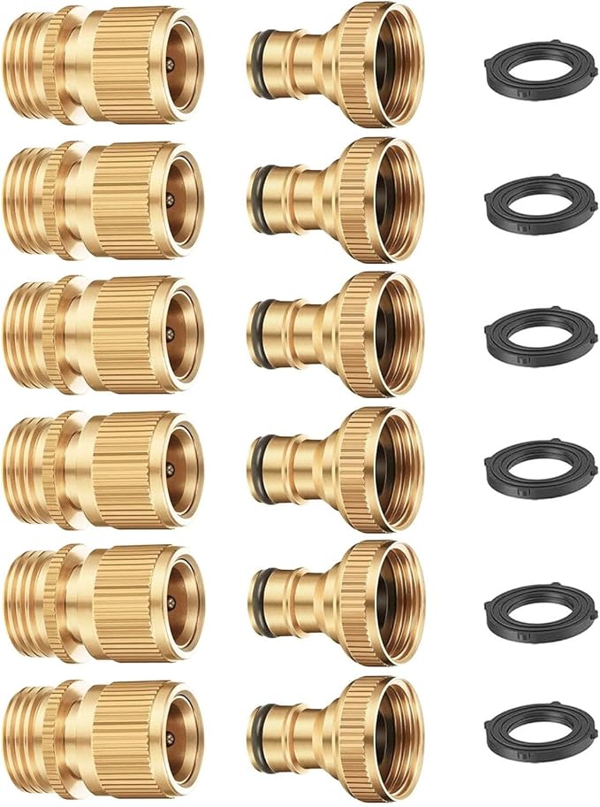 FINEST+ Garden Hose Quick Connector, Solid Brass 3/4 Inch Thread Fitting No-Leak Water Hose Female and Male Easy Connect (6 Sets)