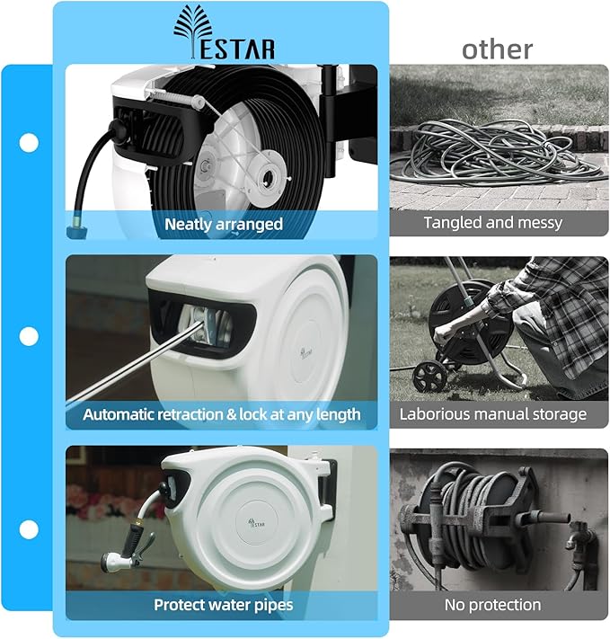 Retractable Garden Hose Reel 1/2"x130 ft, Automatic Hose Reel with 7 Pattern Nozzle,Any Length Lock Wall Mounted &180 Deg Swivel
