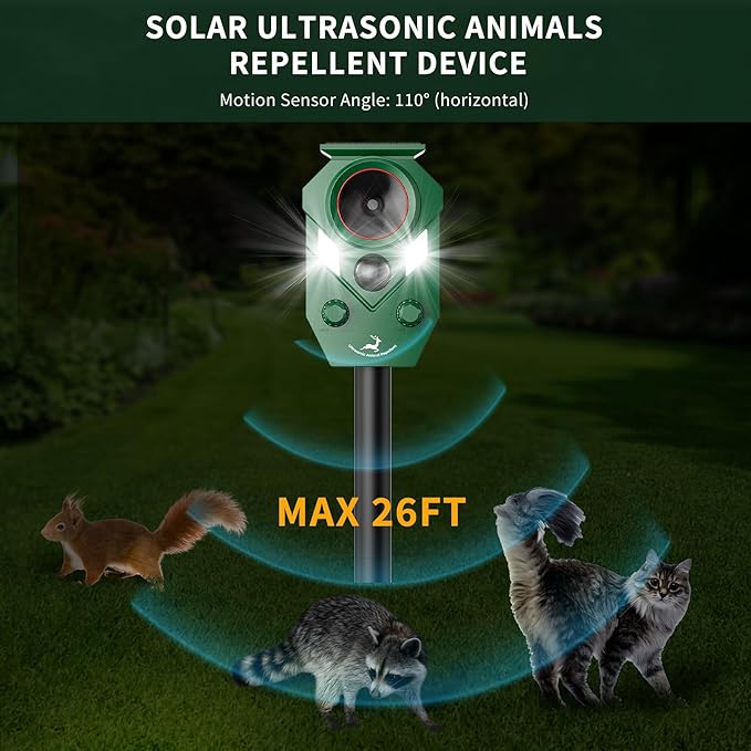 Ultrasonic Deer Repellent Devices Outdoor, 4 Pack Solar Animal Repellent Outdoor for Yard Garden Rabbit Repellent Device Effective Repel Cat, Dog, Squirrel, Deer, Raccoon, Rabbit, and Skunk