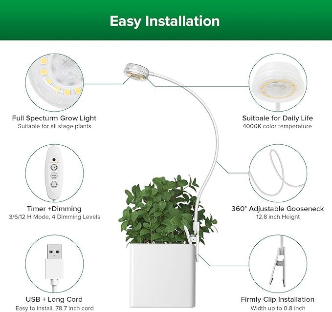 SANSI Grow Lights for Indoor Plants, Pot Clip LED Plant Light for Growing Full Spectrum, Plant Growing Lamp 4-Level Dimmable Auto On Off 3 6 12 Hrs Timer for Small Plants, White 5V 3-Pack ETL Listed