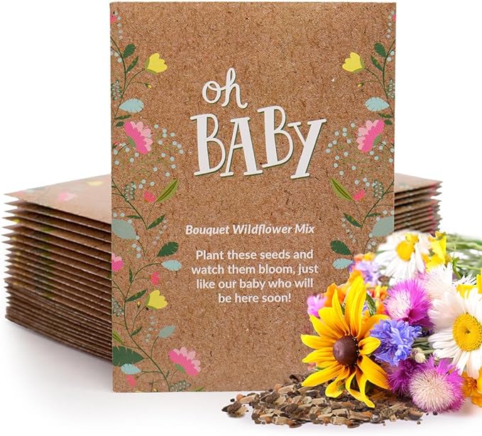 BENTLEY SEED CO. Oh Baby Flower Seeds Packets - Girl/Boy Baby Shower Favors - Pre-Filled, 25 Wildflower Seed Packs for Favor - Eco-Friendly Gift & Babys Guest Giveaways - Non-GMO Seeds - Brown