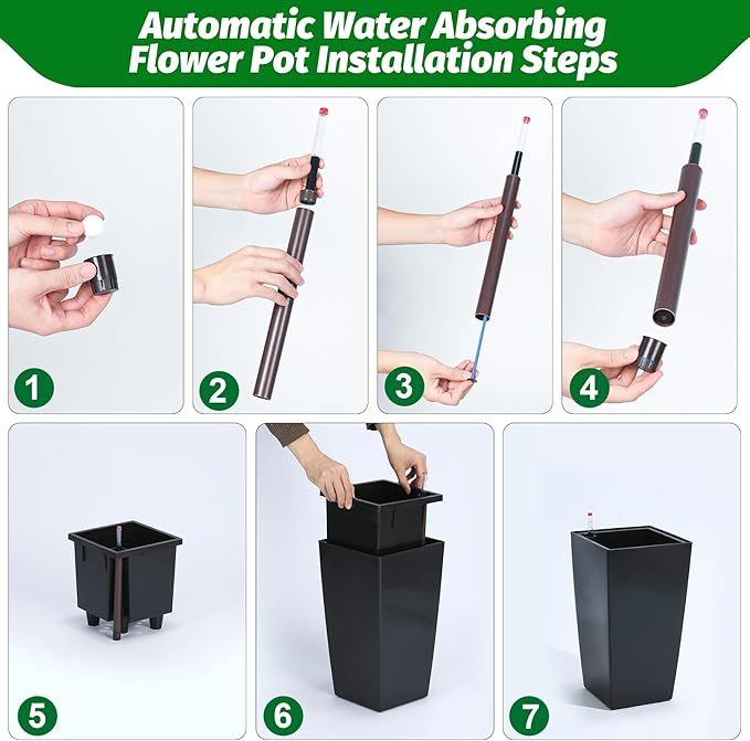 GarveeLife 16 in Tall Planters Set of 2, Outdoor&Indoor Black Planter Pots, High Front Porch Planter Pots with Drainage Holes&Water Level Monitor&Inner Bucket, Automatic Watering,Black