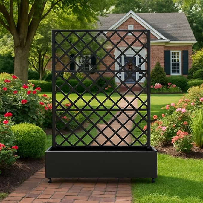 Metal Planter Box with Diamond Lattice Trellis - 72"x47" Galvanized Raised Garden Bed on Wheels for Climbing Plants and Vines, Black Finish
