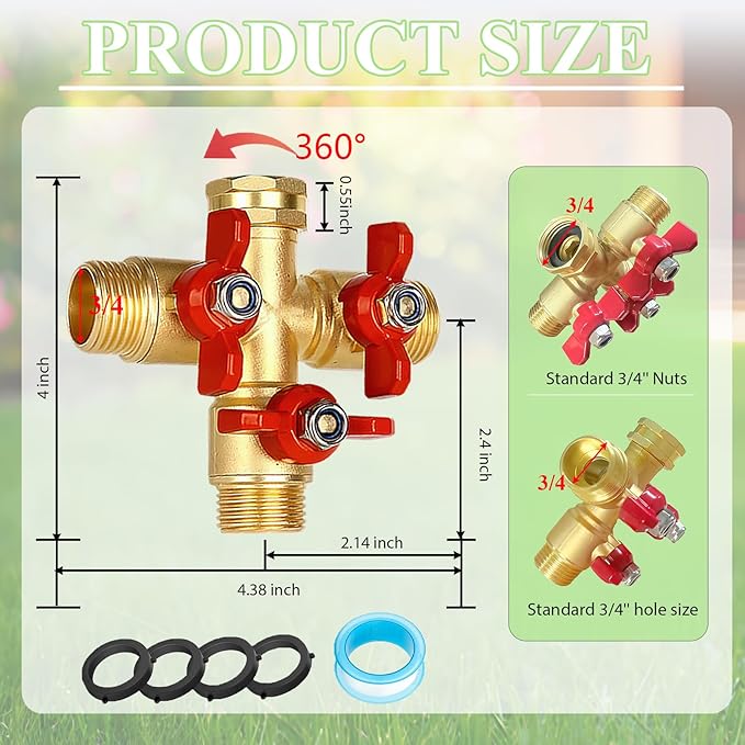 3 Way Garden Hose Splitter, Solid Brass High Flow Spigot Splitter with 3/4” GHT Thread, Individual Shut-Off Valves & Long Handle, Heavy Duty Hose Manifold for Outdoor Faucet