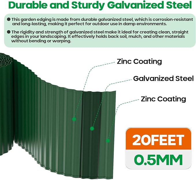 Corrugated Metal Garden Edging, Sturdy Tall Landscape Edging Borders, Perfect DIY for Flower Beds, Lawn and Pathway, Tree Surrounds, Paver Edges (Green, 6"×20FT)