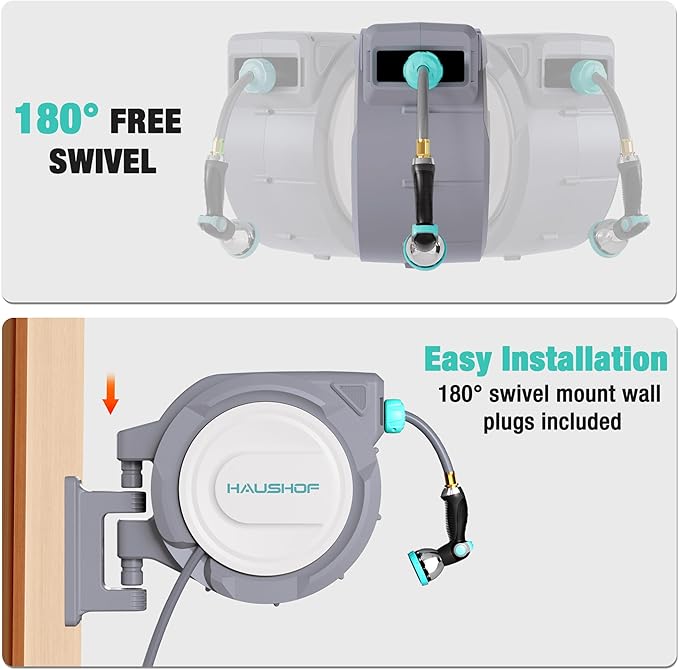 HAUSHOF Retractable Garden Hose Reel 1/2” x 130 ft, Auto-Lock at Any Length, Slow Return System, Wall Mounted and 180° Swivel Bracket for Outside Water