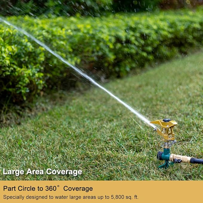 FANHAO Heavy Duty Pulsating Lawn Sprinkler on Spike Base, 100% Metal Impact Sprinkler with Adjustable Spray Pattern for Lawn Yard Irrigation, 360 Degree Large Area Coverage, Covers Up to 5800 sq. ft