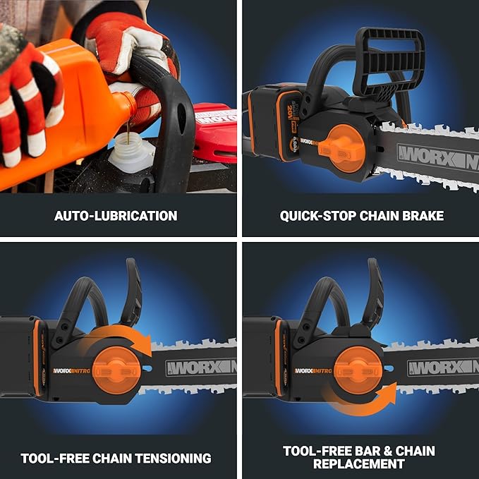 Worx Nitro 20V 12" Cordless Brushless Chainsaw 4.0 Ah Battery and Charger Included WG350