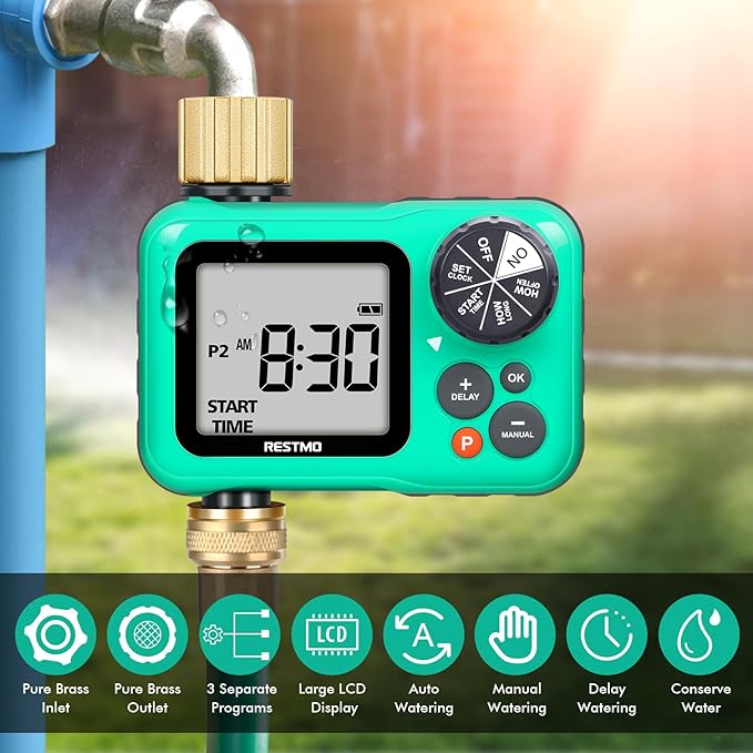 RESTMO Sprinkler Timer with Brass Inlet & Outlet, 3 Separate Programs Hose Timer, Programmable Water Timer for Garden Hose, Manual | Rain Delay | Automatic Watering System for Drip Irrigation and Lawn