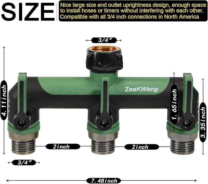 Full Flow Heavy Duty 3 Way Hose Splitter, Rugged Garden Faucet Adapter, Spout Diverter T - Way Adapter with Extended Handle, 3/4” GHT Thread, Green