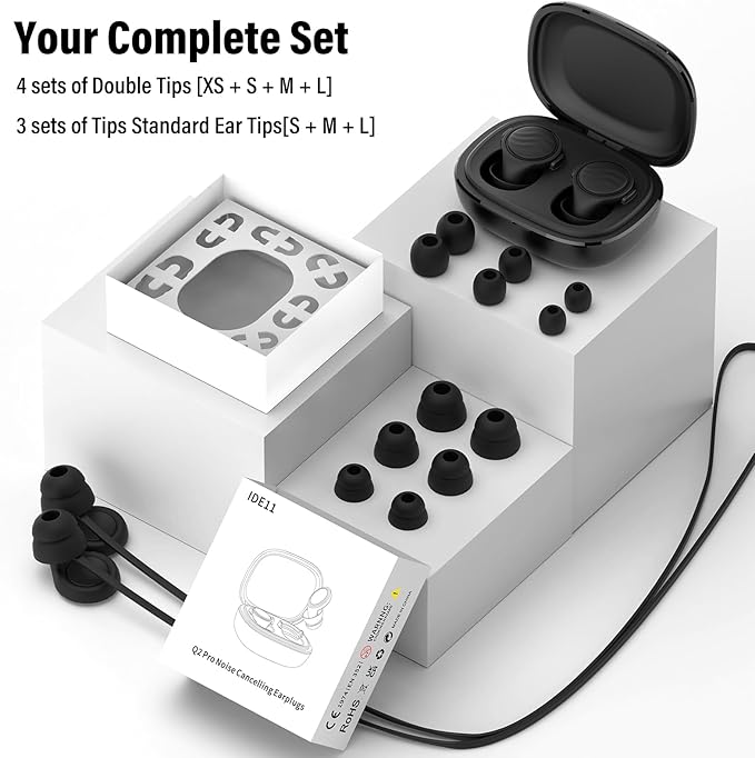 Ear Plugs for Sleeping Noise Cancelling - 35dB Reusable Ear Plugs with 7 Eartips and Carry Case - Flexible Hearing Protection - Replaceable Single/Double Eartips for Sleep, Focus, Travel, Work, Black