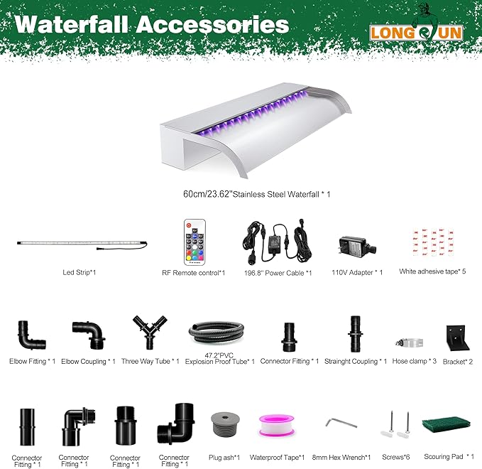 Waterfall Pool Fountain, LONGRUN Stainless Steel Waterfall Spillway for Pools and Ponds - 23.6" Wide Decorative Water Feature for Swimming Pools, Koi Ponds, and Garden