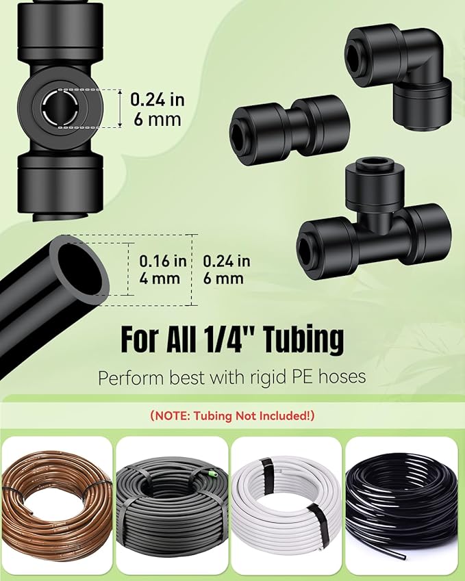Pawfly 40 Pcs Quick Connect Drip Irrigation Fittings Kit for 1/4" Tubing, Push-to-Fit Drip Line Connectors Set with 10 Tees, 10 Couplings, 10 Elbows & 10 End Plugs, Anti-Leak Drip Irrigation Parts
